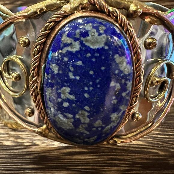 Artisan 2-Inch Wide Lapis Lazuli Cuff Bracelet, Adjustable‎ Mixed Metals, Gift R - Picture 9 of 13